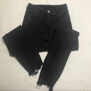 H&M High Waist Distressed Black Denim w/ Raw Hem